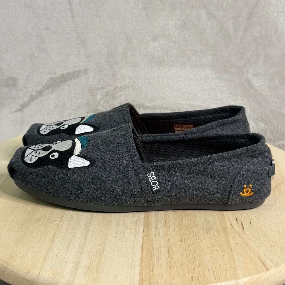 Skechers BOBS for Dogs Frenchie Boston Terrier Gray Felt Flats 34407 Womens‎ 8